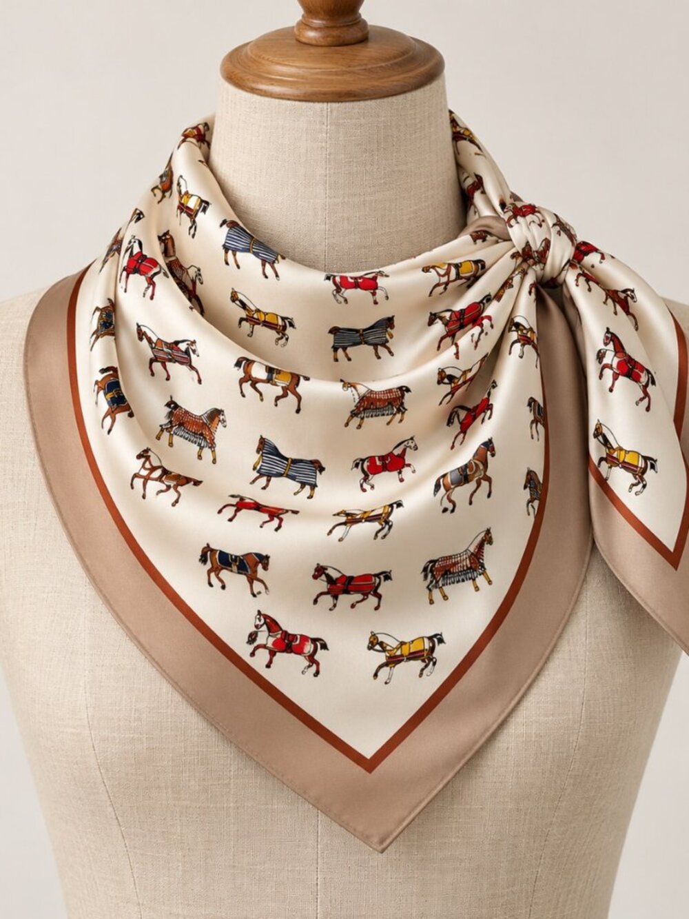 NWT 100% Mulberry Silk Equestrian Horse Print Square Scarf 65cm Beige